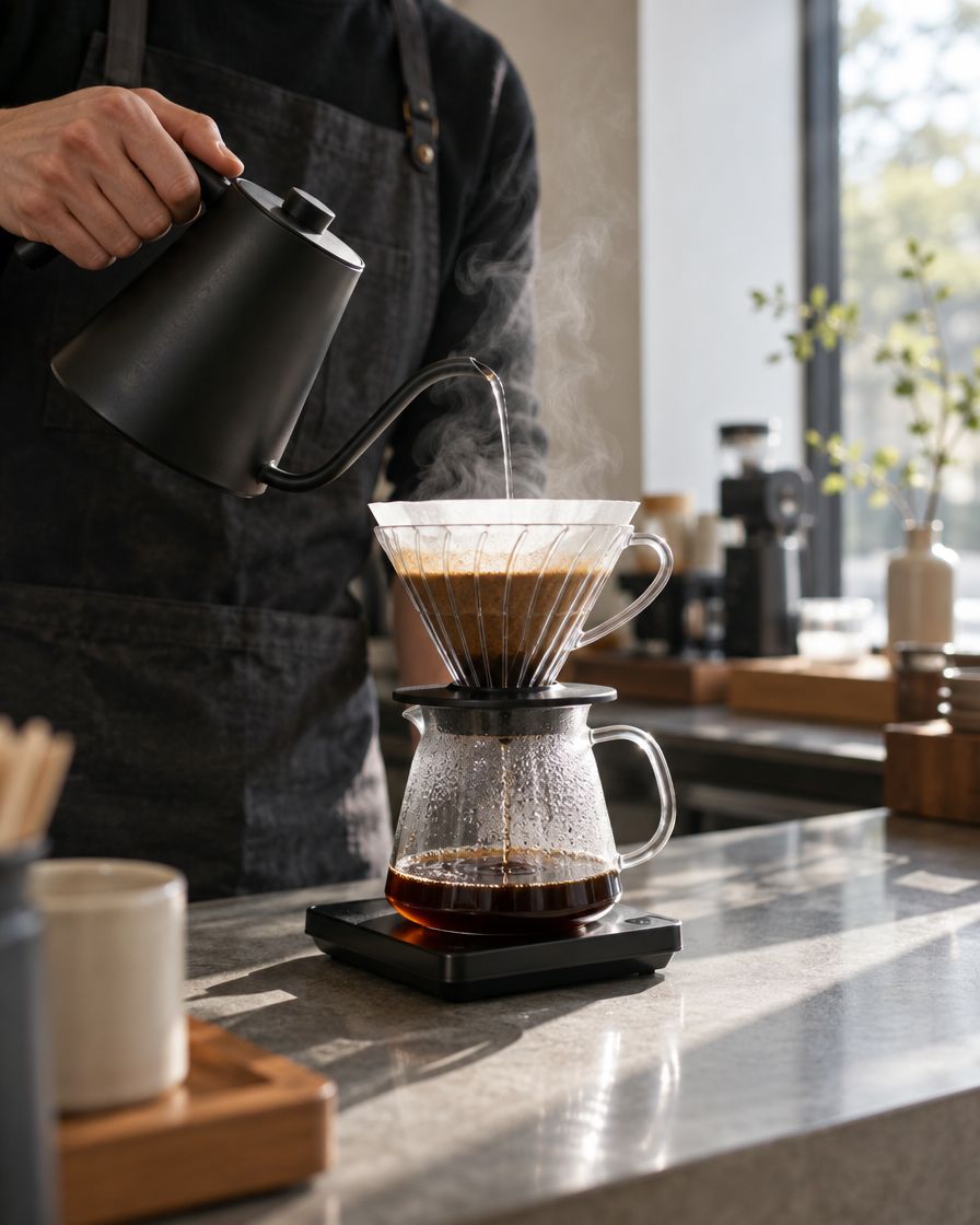 A barista pouring water from a gooseneck kettle over a glass V60 dripper on a scale